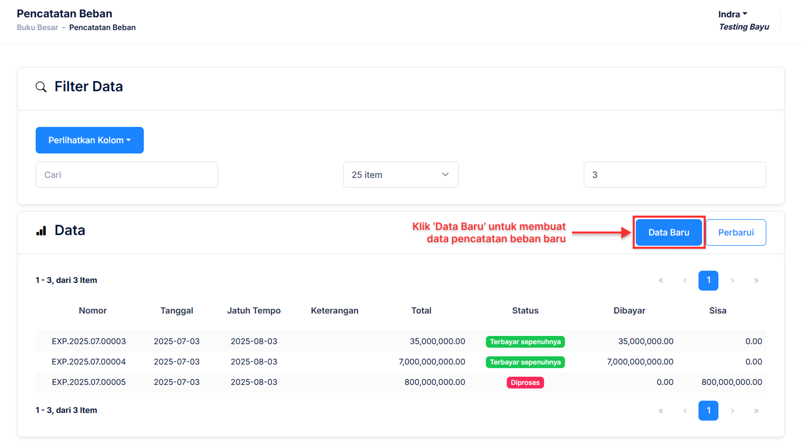 Halaman Pencatatan Beban