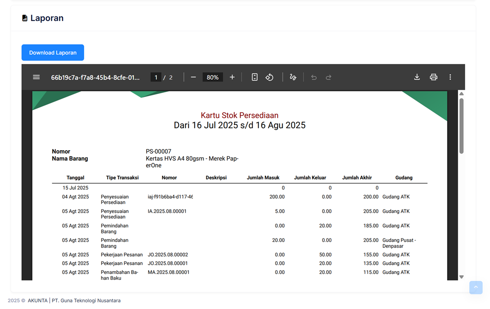Halaman Kartu Stok Persediaan