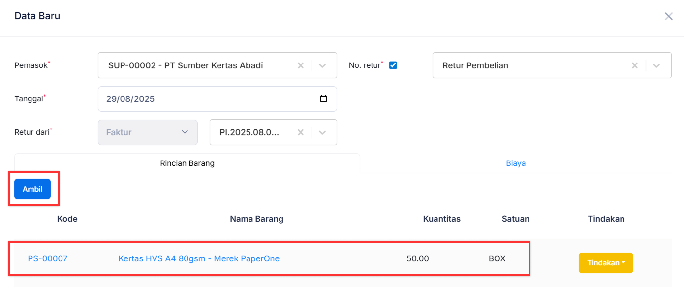 Halaman Retur Pembelian