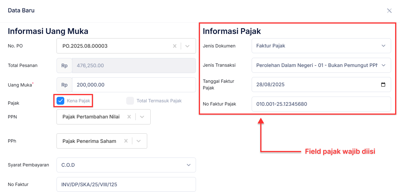 Halaman Uang Muka Pembelian