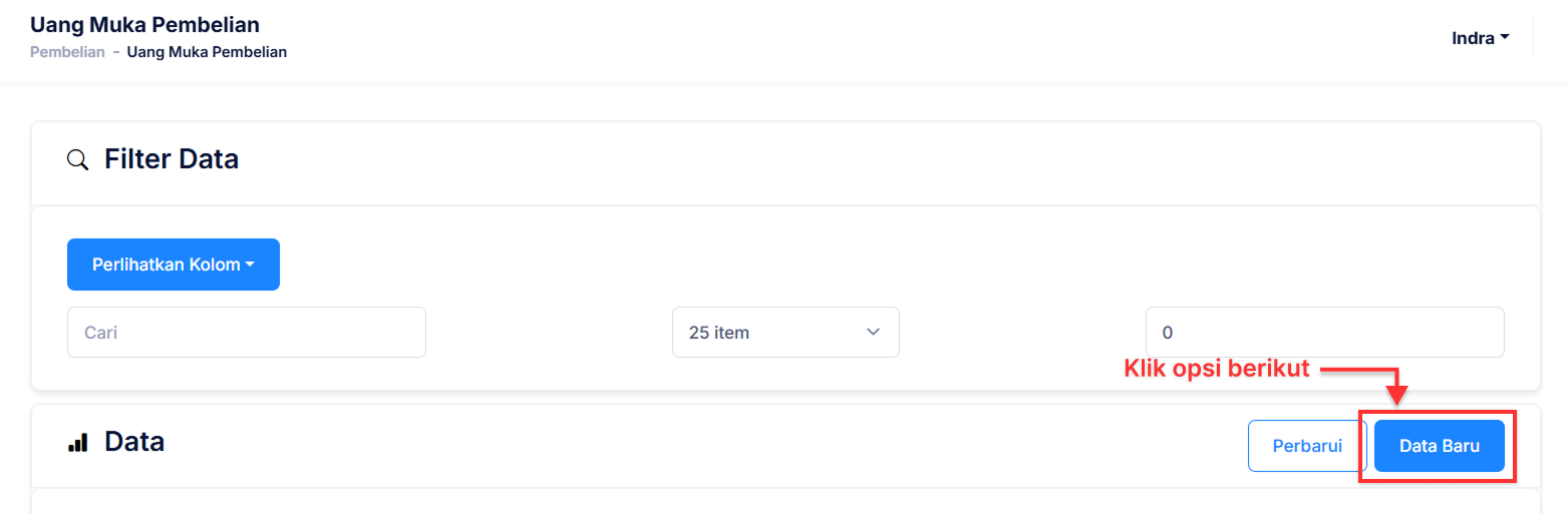 Halaman Uang Muka Pembelian