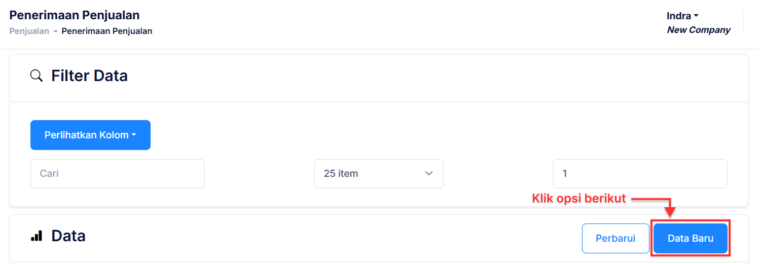 Halaman Penerimaan Penjualan