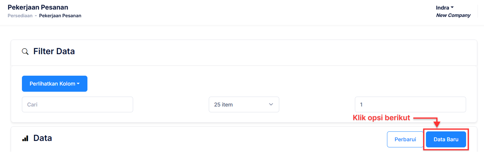 Halaman Pekerjaan Pesanan
