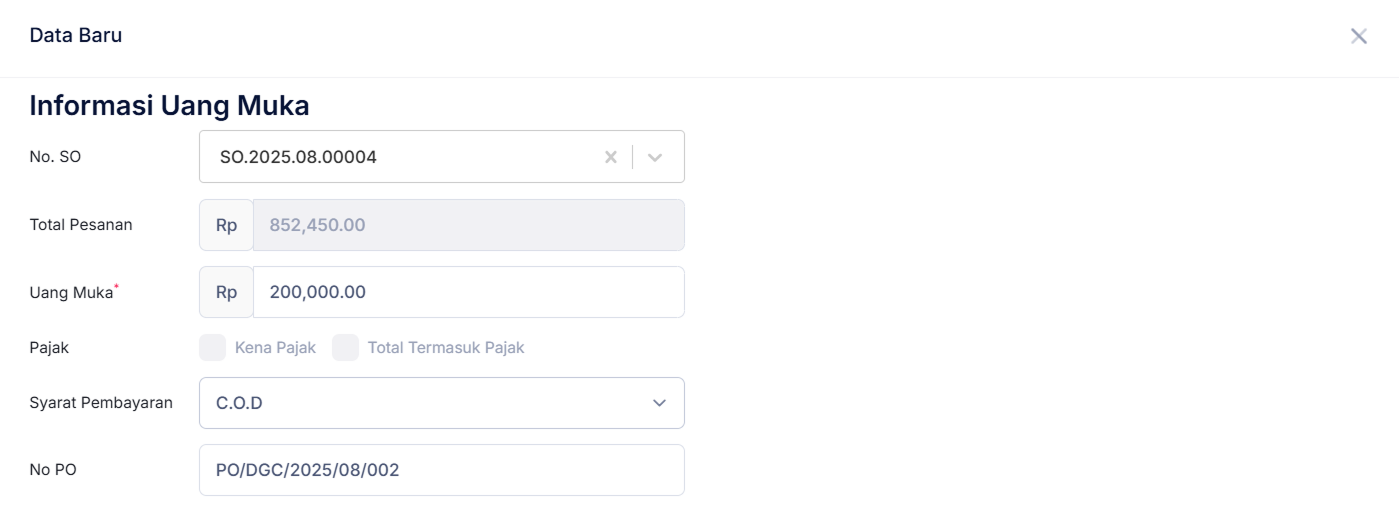 Halaman Uang Muka Penjualan