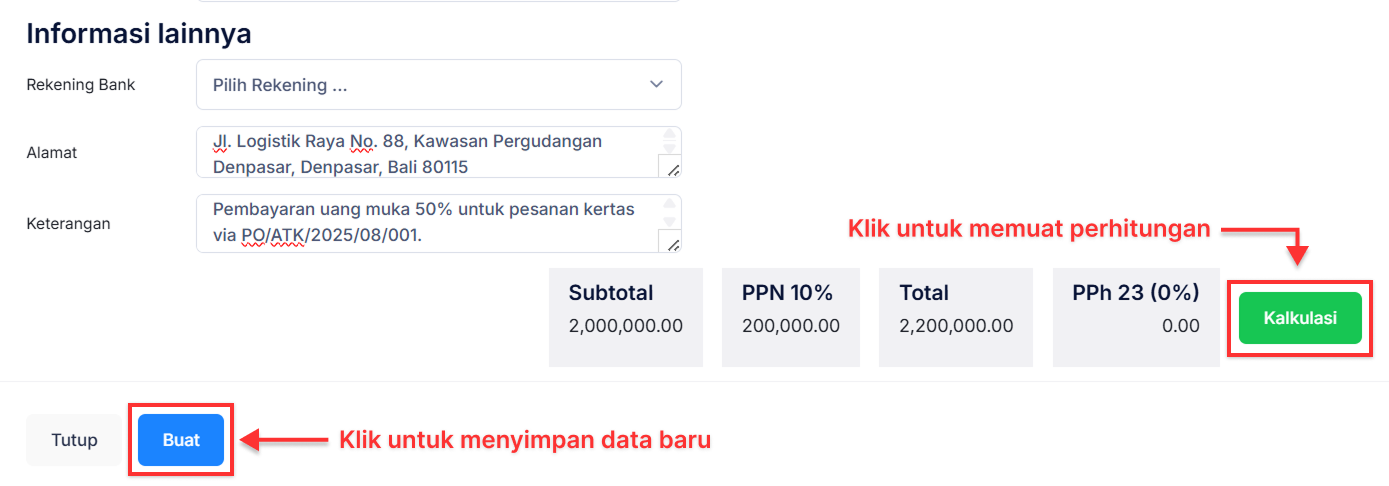 Halaman Uang Muka Pembelian