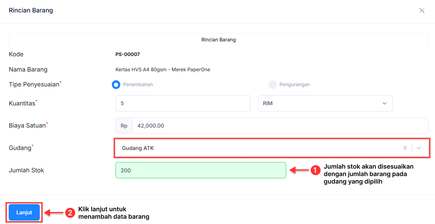 Halaman Penyesuaian Persediaan