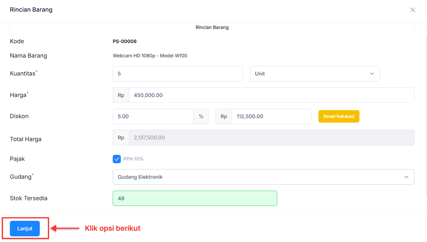 Halaman Pesanan Penjualan