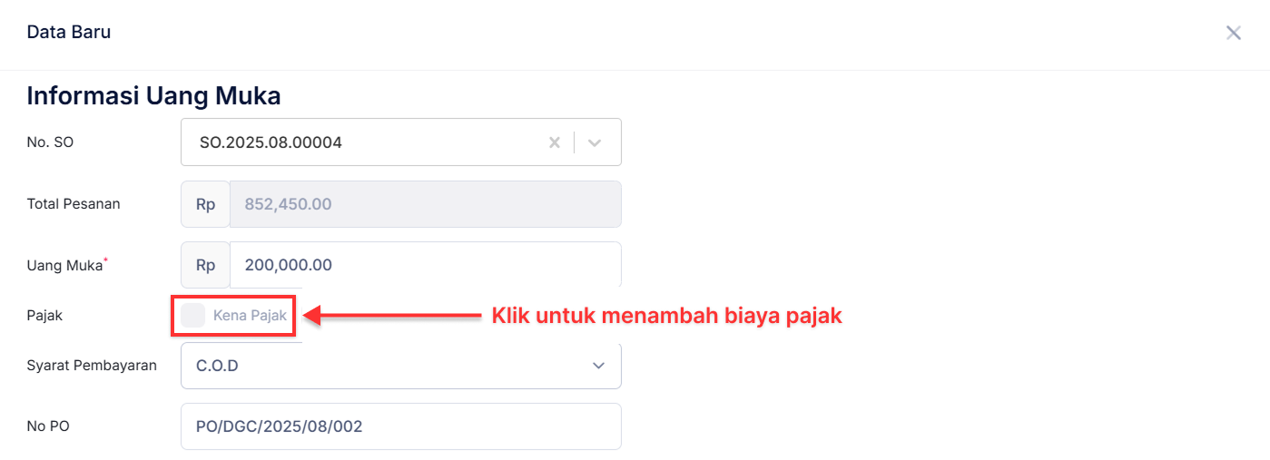 Halaman Uang Muka Penjualan