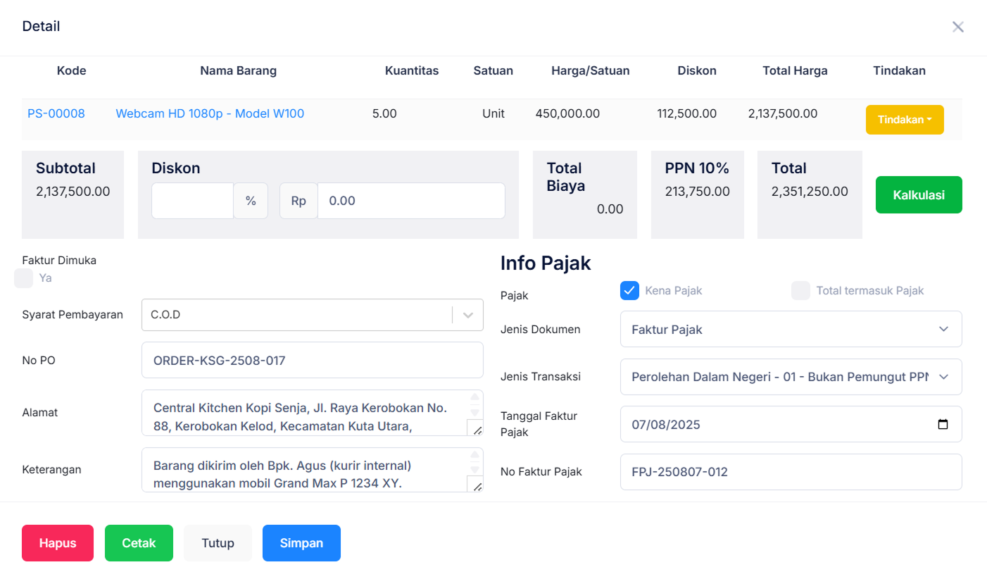 Halaman Faktur Penjualan