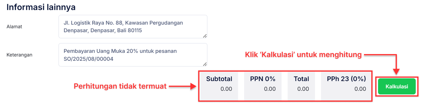Halaman Uang Muka Penjualan