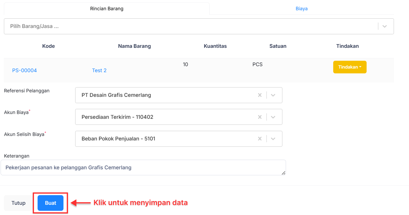 Halaman Pekerjaan Pesanan