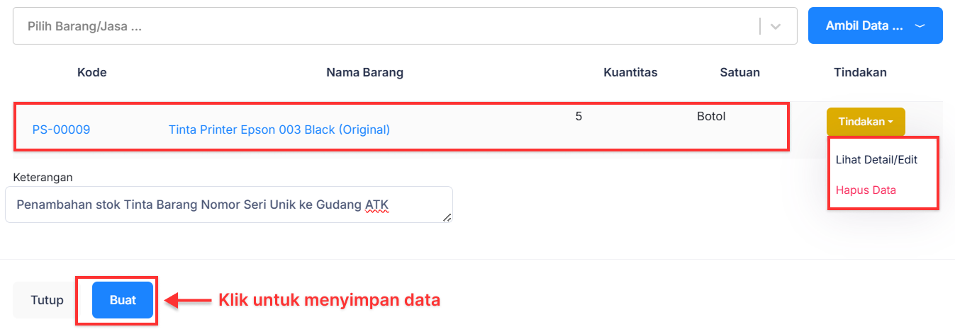 Halaman Penyesuaian Persediaan