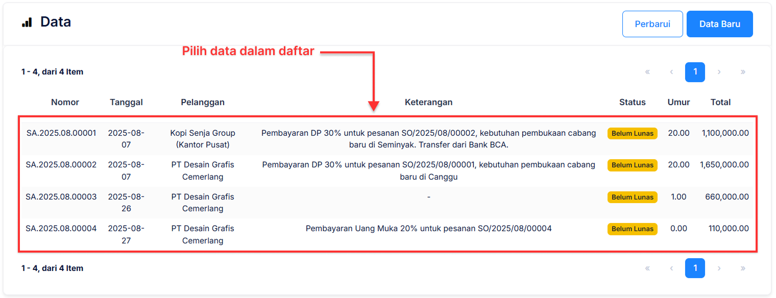 Halaman Uang Muka Penjualan