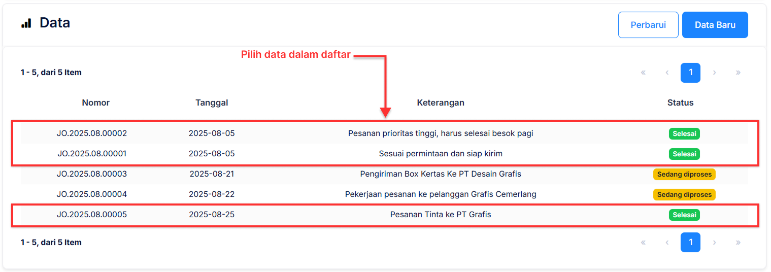 Halaman Pekerjaan Pesanan
