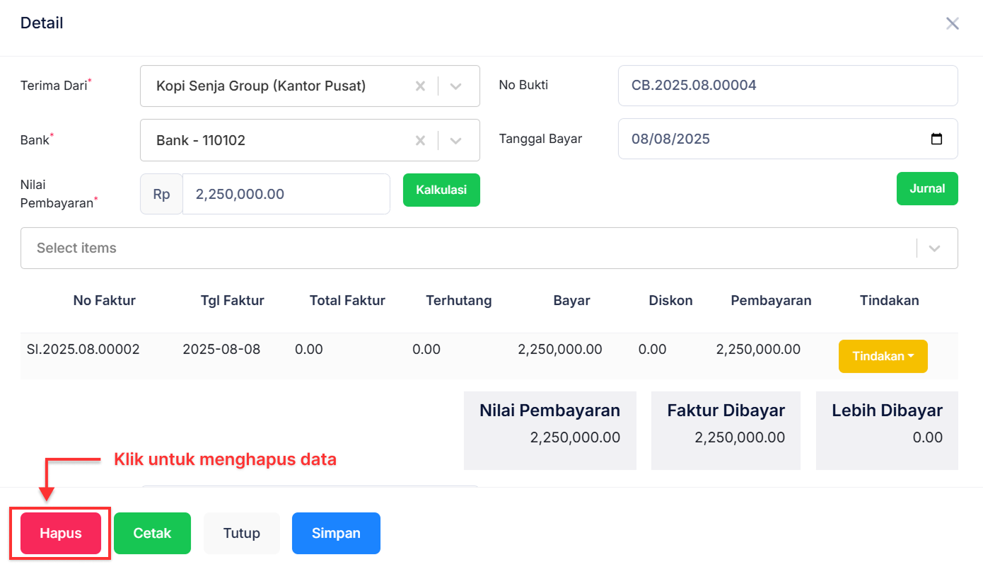 Halaman Penerimaan Penjualan