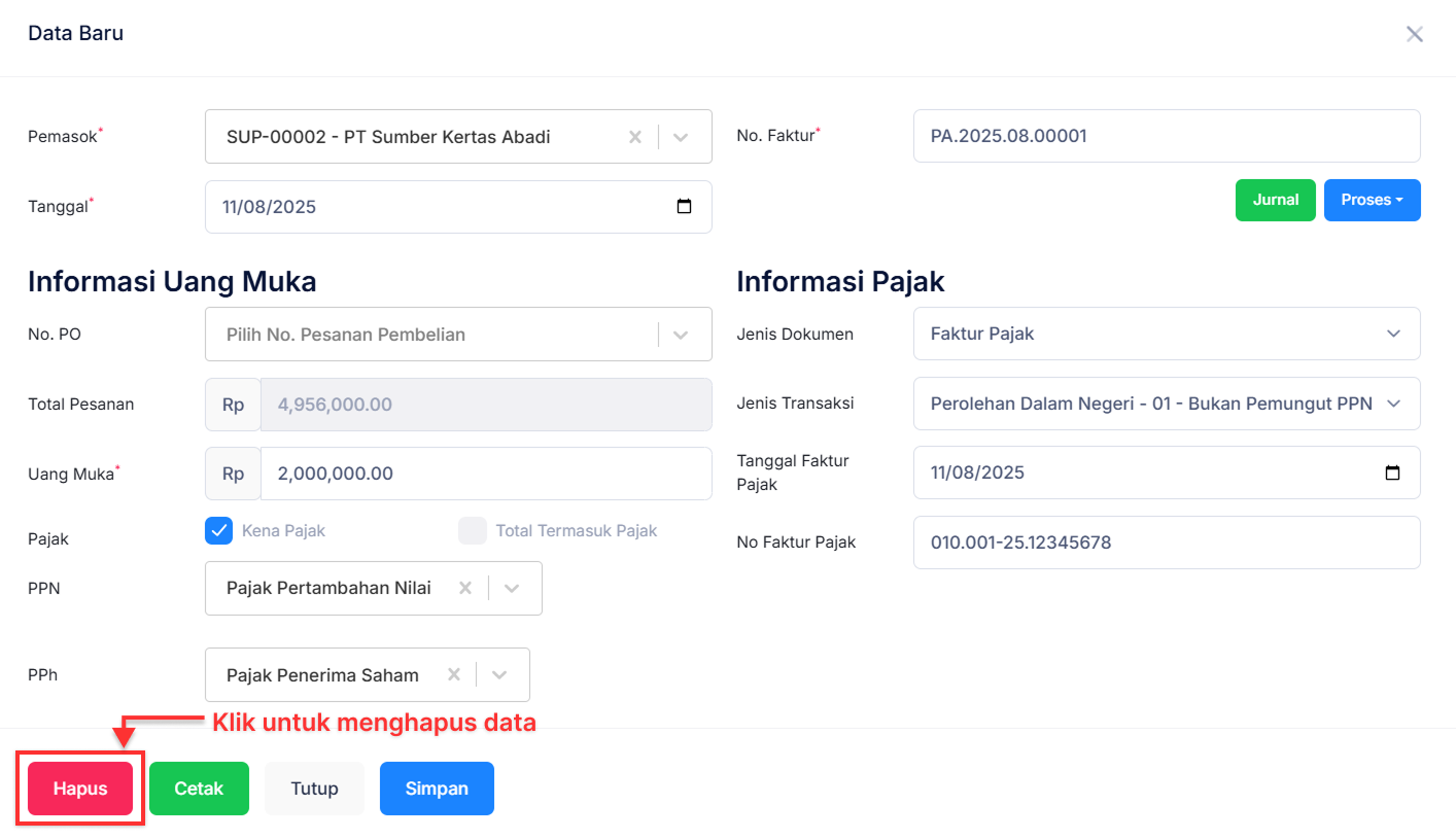 Halaman Uang Muka Pembelian