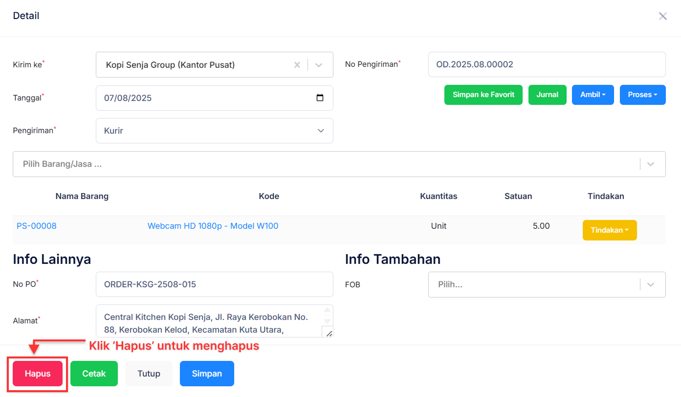 Halaman Pengiriman Pesanan