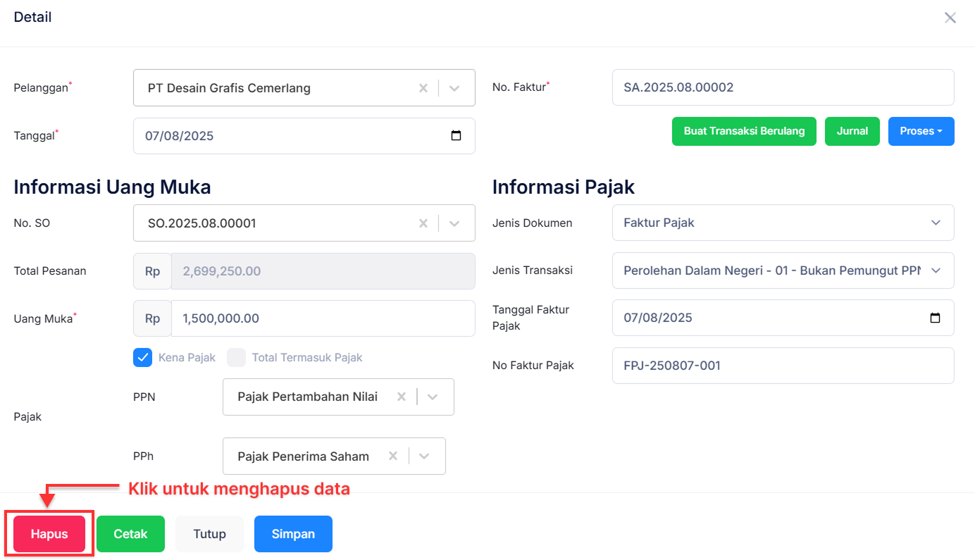 Halaman Uang Muka Penjualan