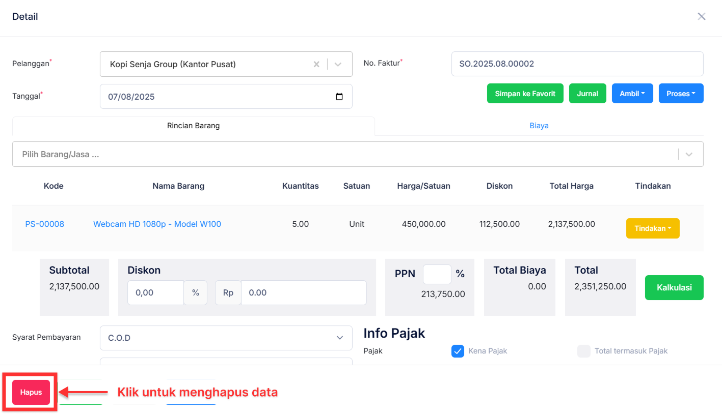 Halaman Pesanan Penjualan