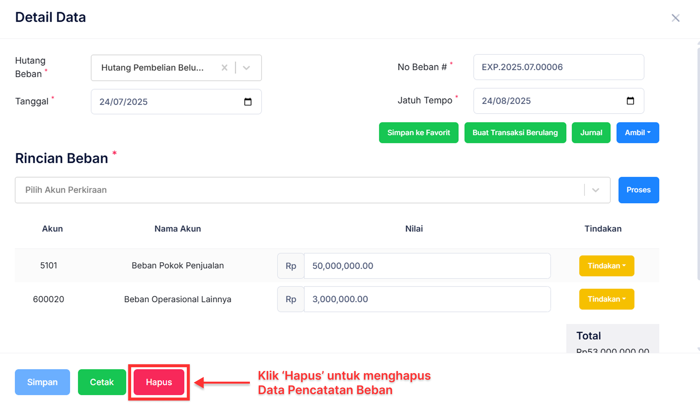 Halaman Pencatatan Beban