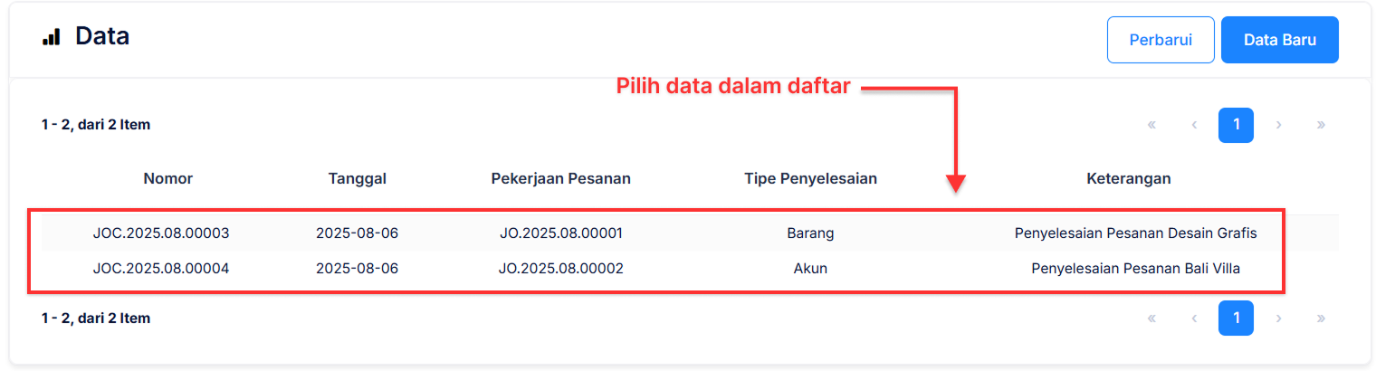 Halaman Pekerjaan Pesanan