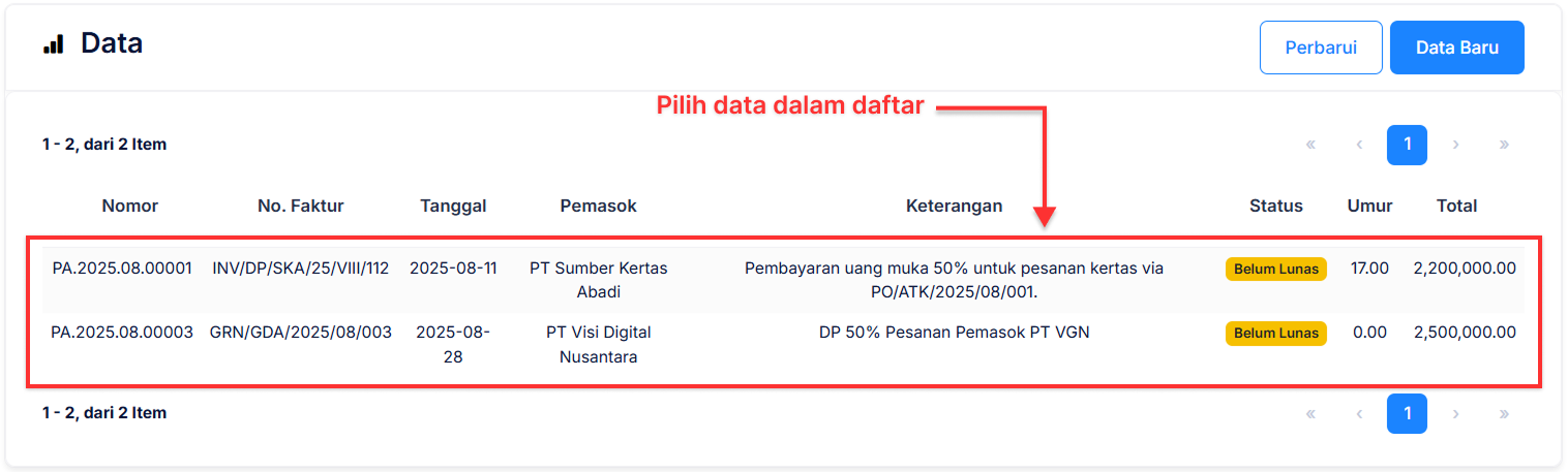 Halaman Uang Muka Pembelian