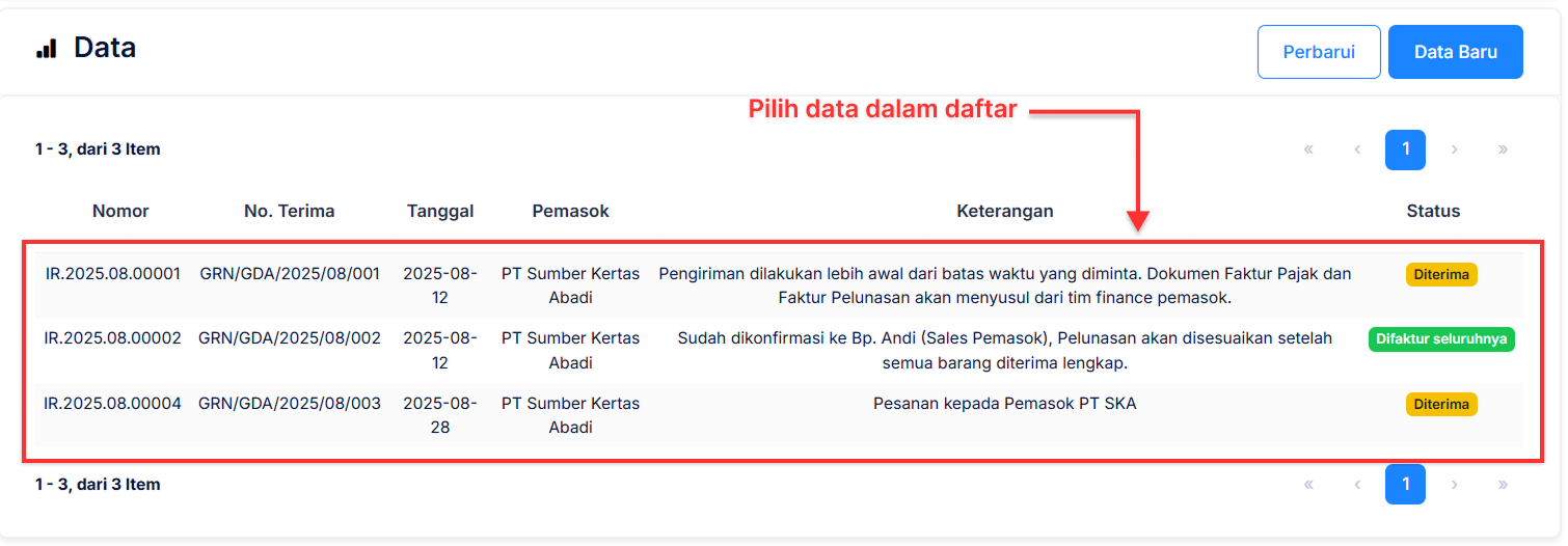 Halaman Penerimaan Barang