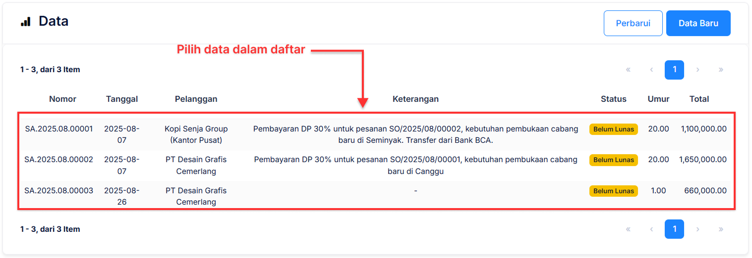 Halaman Uang Muka Penjualan