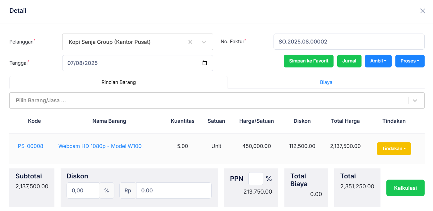 Halaman Pesanan Penjualan