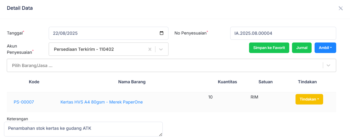 Halaman Penyesuaian Persediaan