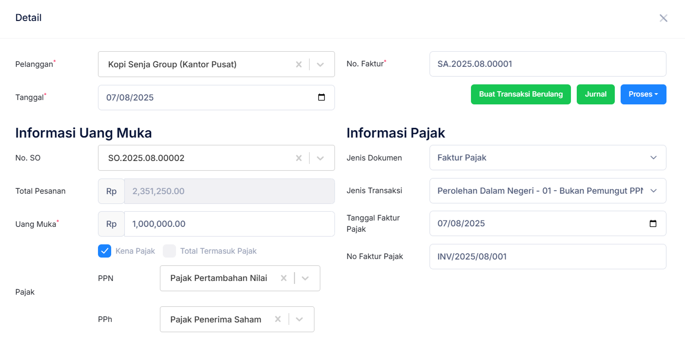 Halaman Uang Muka Penjualan