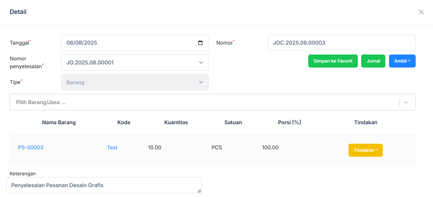 Halaman Pekerjaan Pesanan