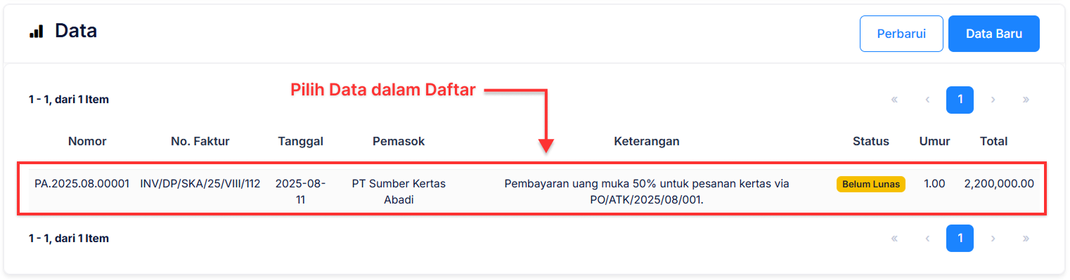 Halaman Uang Muka Pembelian