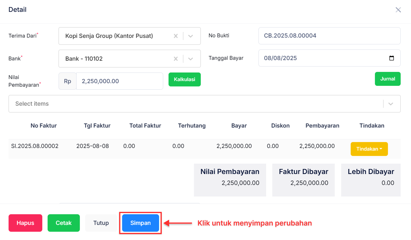 Halaman Penerimaan Penjualan