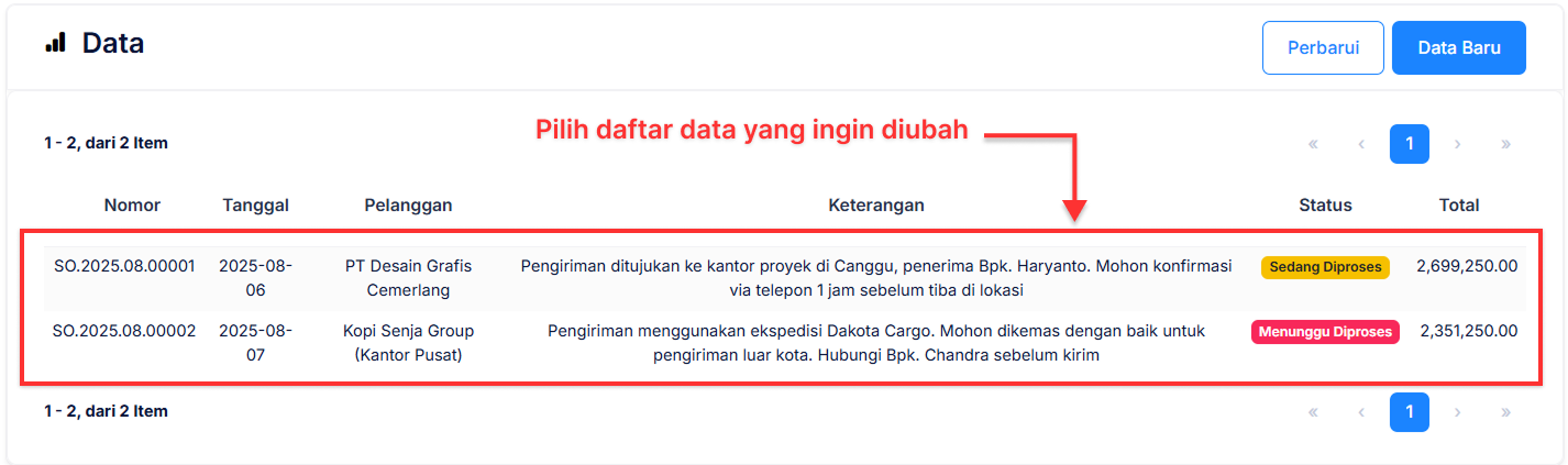 Halaman Pesanan Penjualan