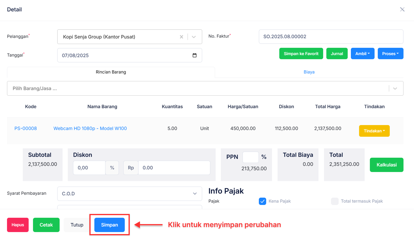 Halaman Pesanan Penjualan