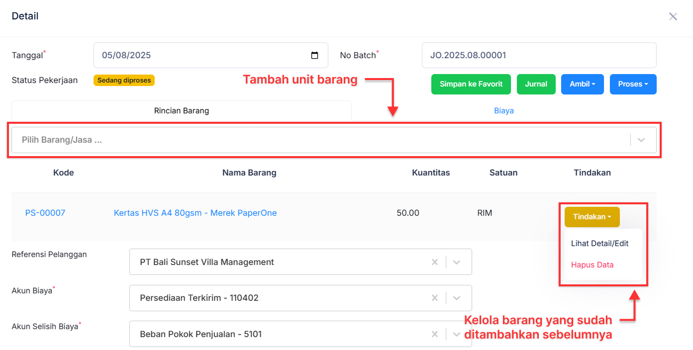 Halaman Pekerjaan Pesanan