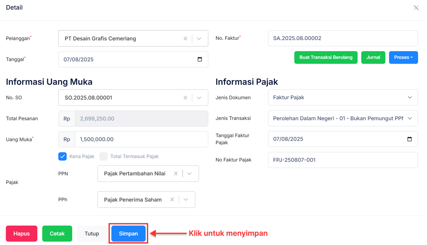 Halaman Uang Muka Penjualan