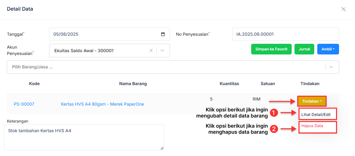 Halaman Penyesuaian Persediaan