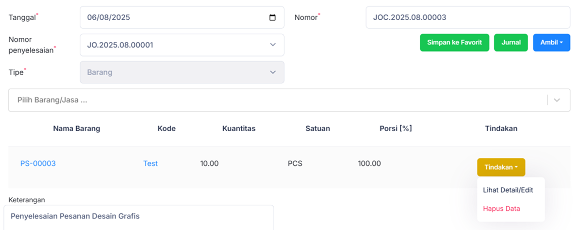 Halaman Pekerjaan Pesanan