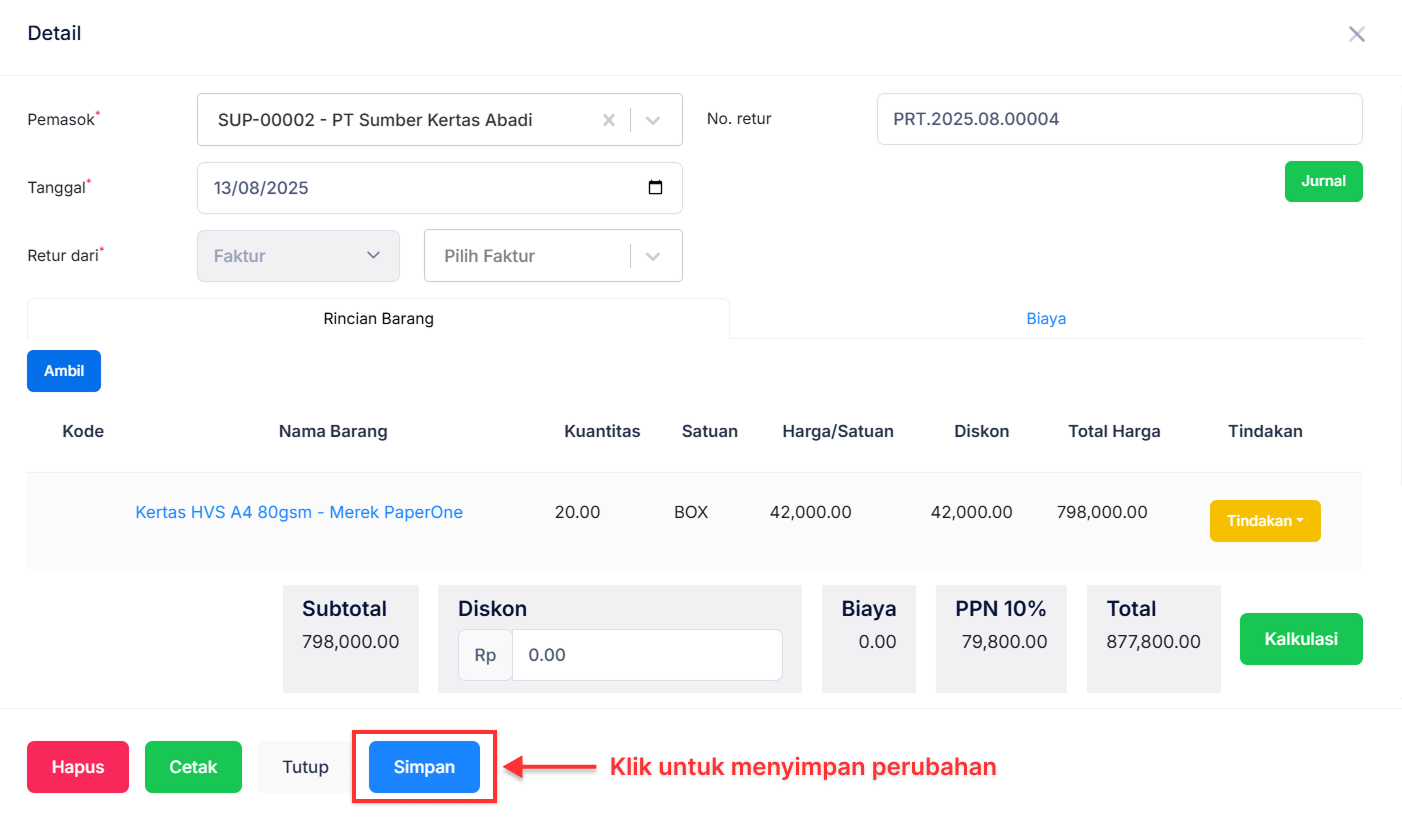 Halaman Retur Pembelian
