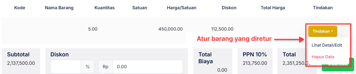 Halaman Retur Penjualan