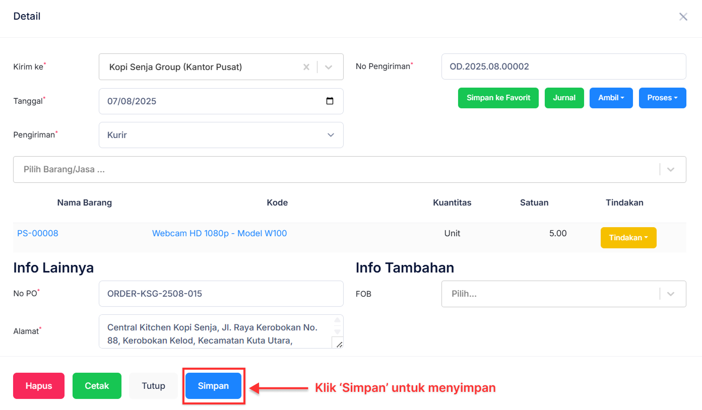 Halaman Pengiriman Pesanan