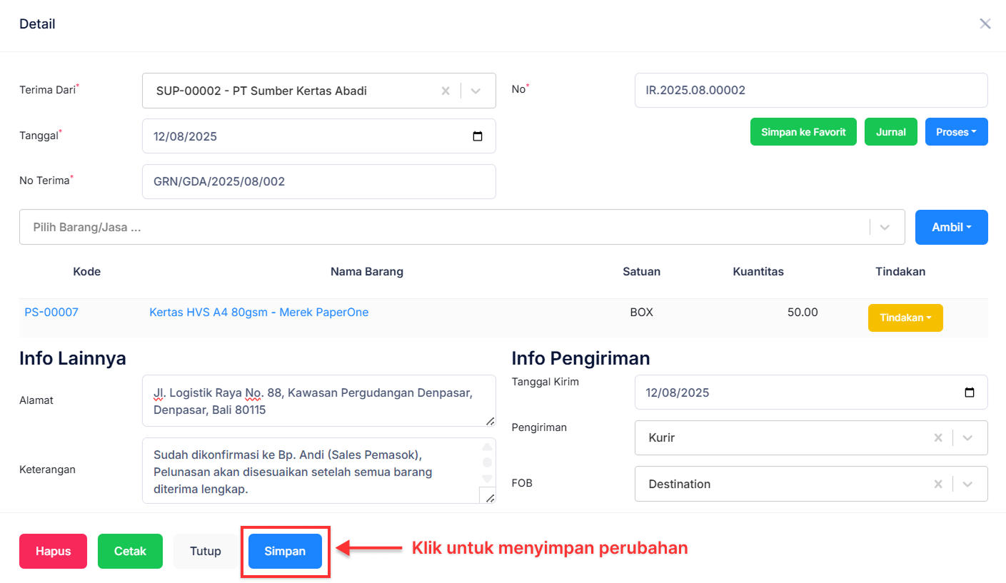 Halaman Penerimaan Barang