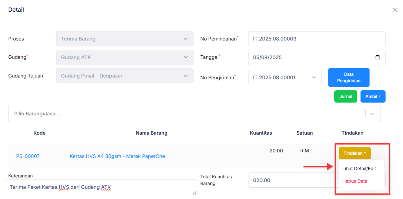 Halaman Pemindahan Barang