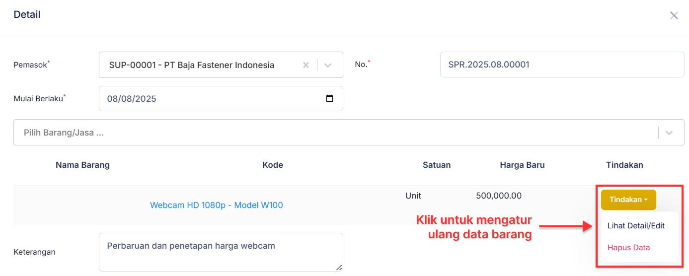 Halaman Harga Pemasok