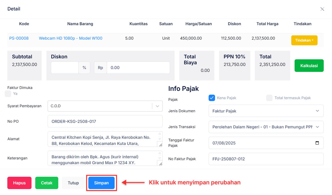 Halaman Faktur Penjualan