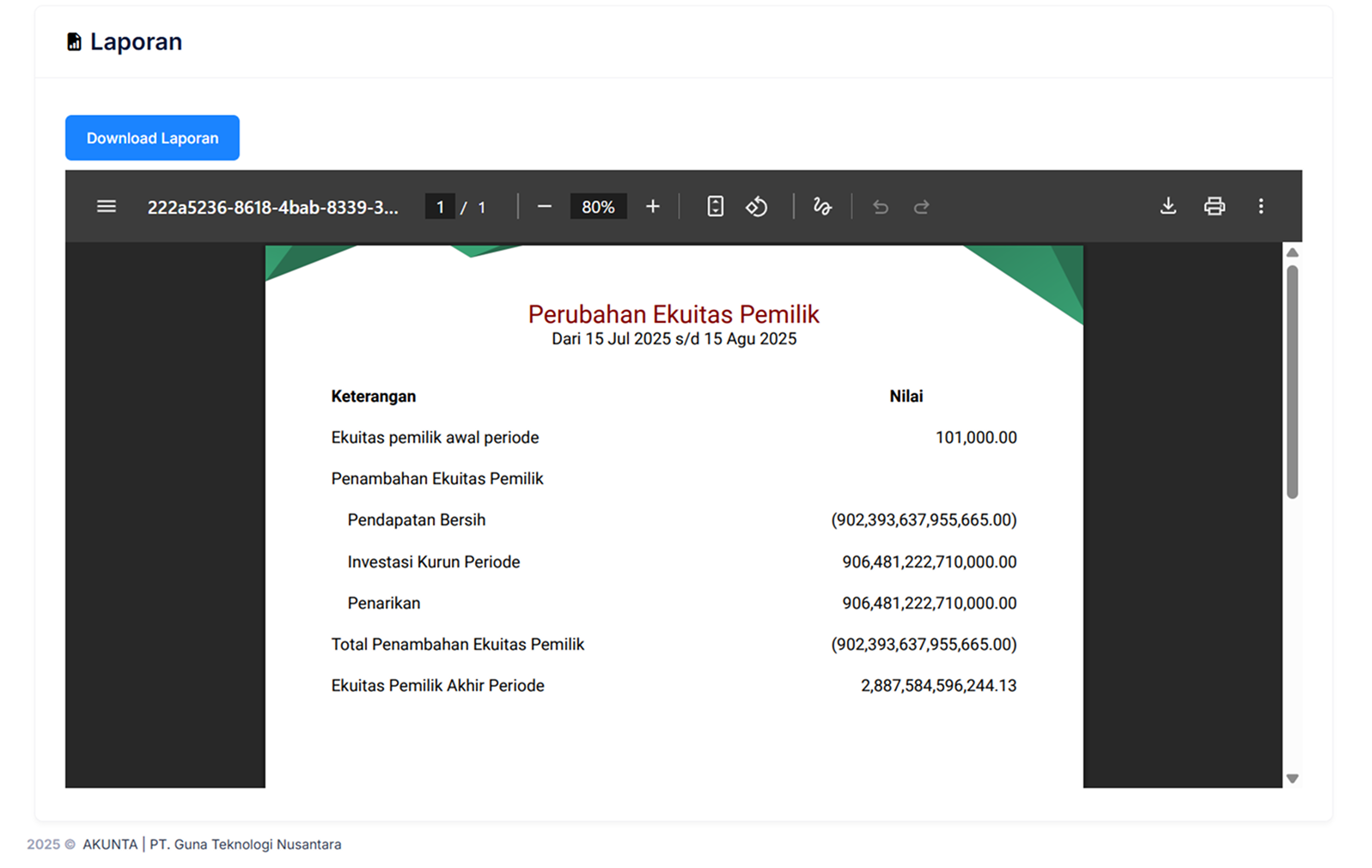 Halaman Perubahan Ekuitas Pemilik
