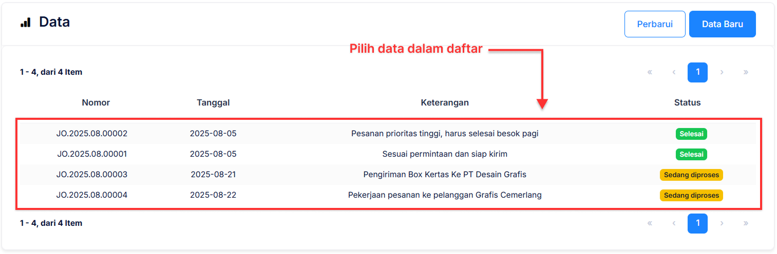 Halaman Pekerjaan Pesanan
