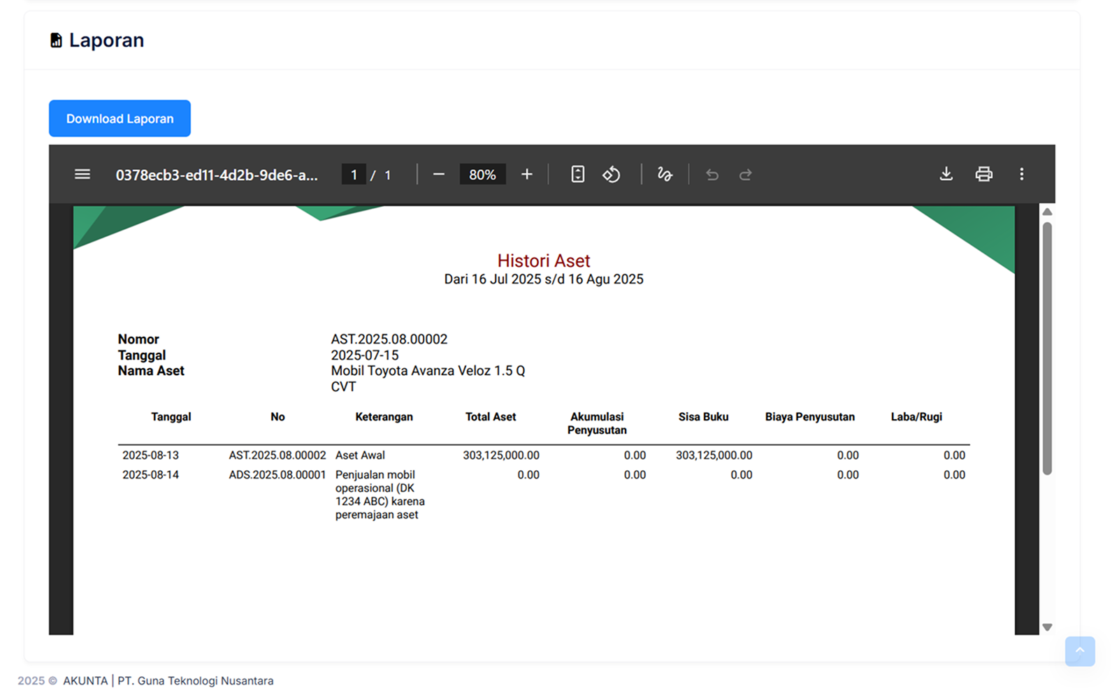 Halaman Histori Aset